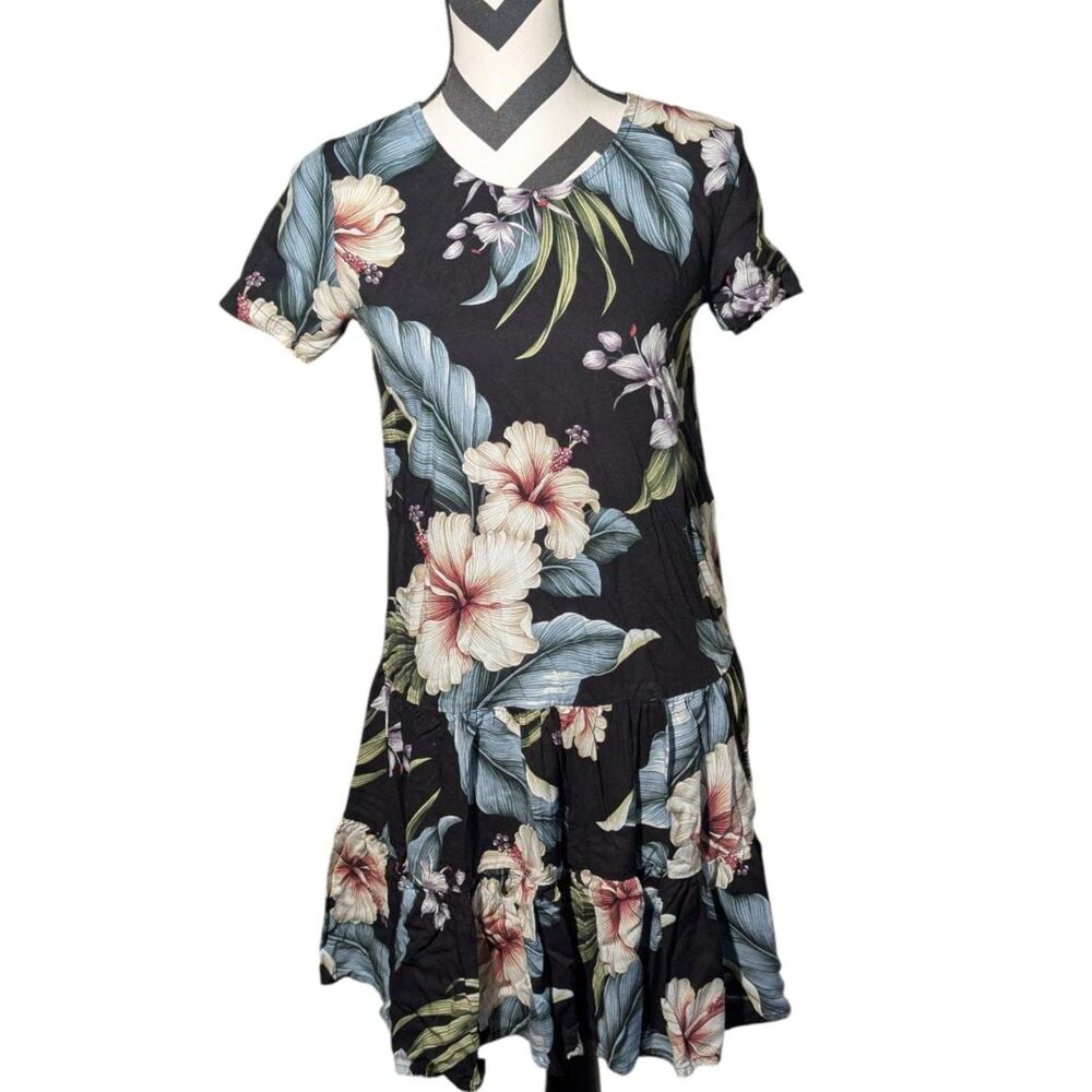 Aloha Hut Hawaii Black Tropical Hibiscus Floral Ruffle Mini Dress Small Rayon